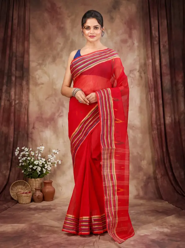 DipDiya Pure Cotton Red mena Bengal’s Tradition Tant Sarees