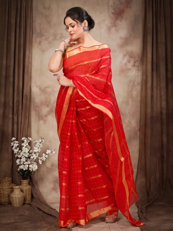 DipDiya Pure Cotton Red Mera Crafted by Artisans Tant Sarees