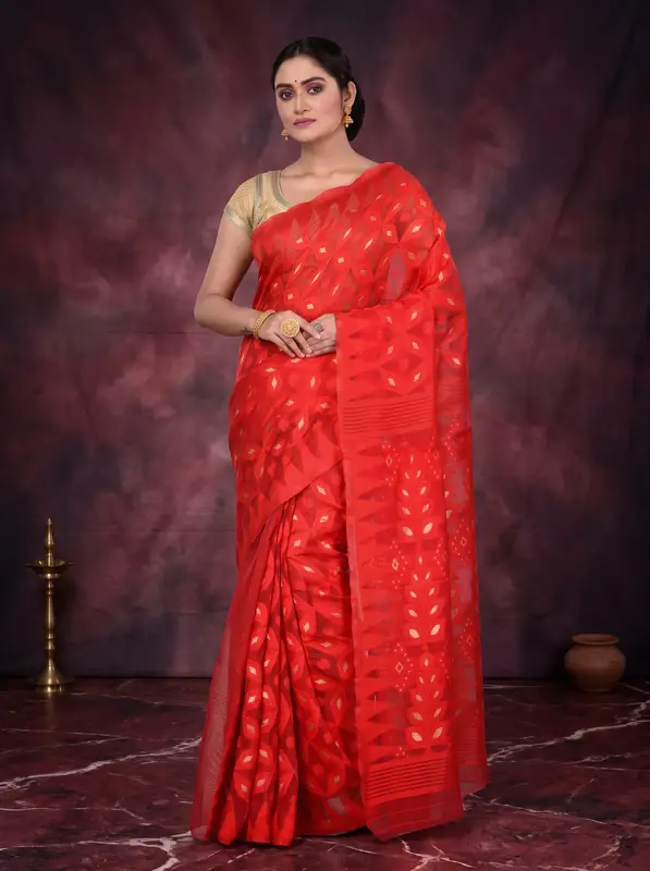 DipDiya Pure Cotton Red Minakari Jmdni Woven with Tradition Jamdani Sarees