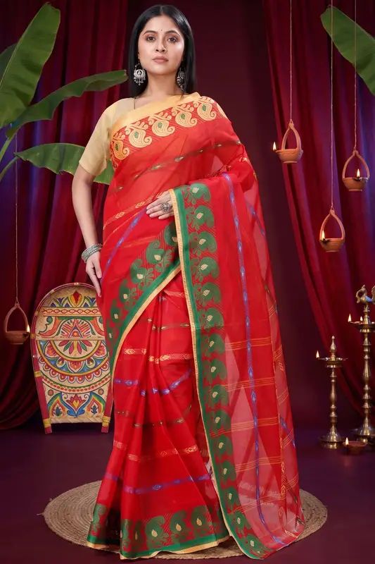 DipDiya Pure Cotton Red Nehan Handloom Heritage Tant Sarees