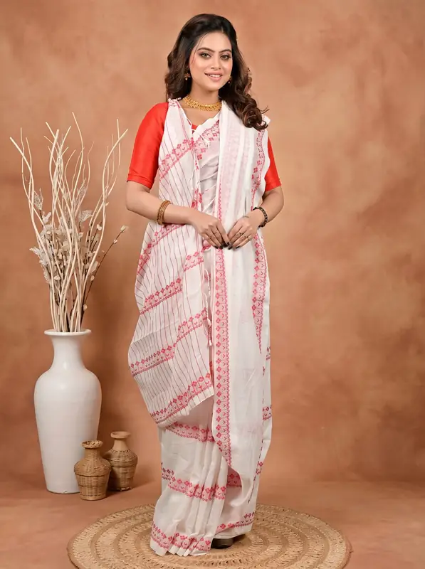 DipDiya Pure Cotton Red Off White Borma Traditional Bengali Handloom Sarees