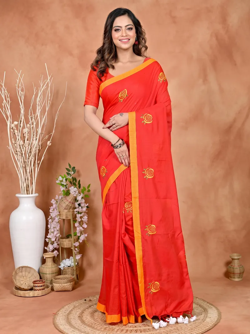 DipDiya Pure Cotton Red Parag Traditional Bengali Embroidery Handloom sarees