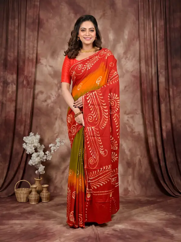 DipDiya Pure Cotton Red Pihu Heritage Elegance Batik Print Sarees