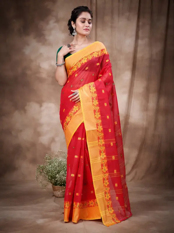DipDiya Pure Cotton Red Ramala Threads of Tradition Tant Sarees