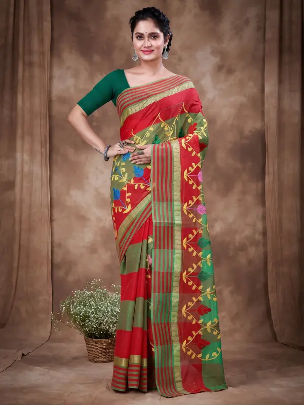DipDiya Pure Cotton Red Rosalie A Legacy Woven Embroidery Tant Sarees