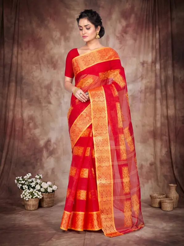 DipDiya Pure Cotton Red Strip Suparna Regal Bengali Tant Sarees