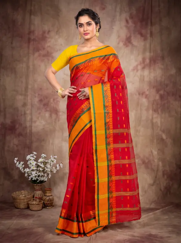 DipDiya Pure Cotton Red ToraPar Artisan Woven Tant Sarees