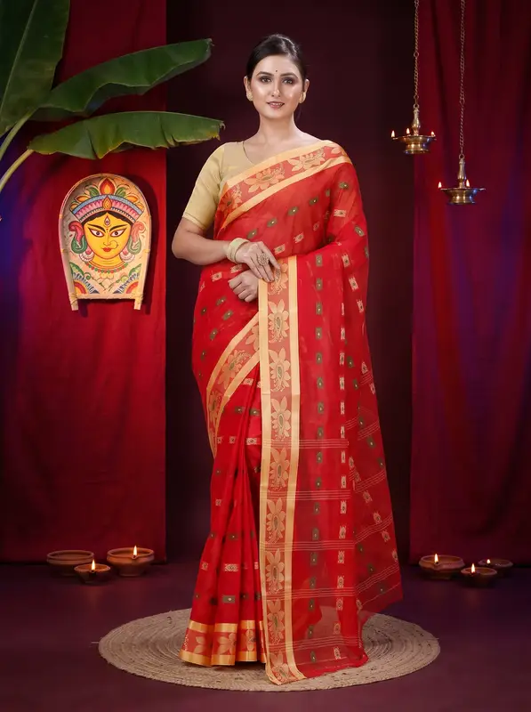 DipDiya Pure Cotton Red Udaya Elegant by Tradition Tant Sarees