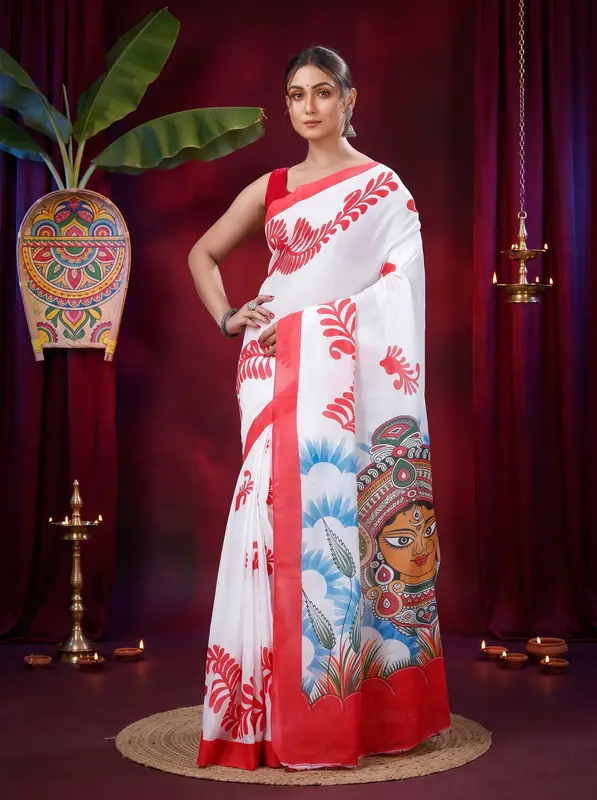 DipDiya Pure Cotton Red White Durga Rooted in Bengal Printed Handloom Sarees