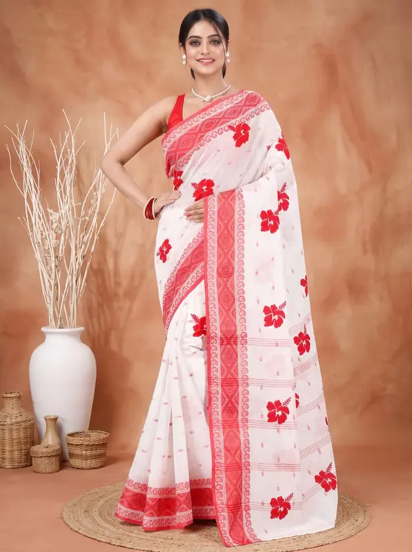 DipDiya Pure Cotton Red White Embi Boysko Jova The Bengali Classic Embroidery Tant Sarees
