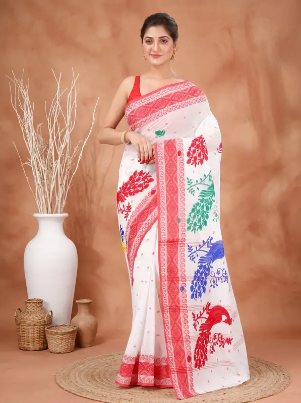DipDiya Pure Cotton Red White Embi Boysko Moyur Woven with Love Embroidery Tant Sarees