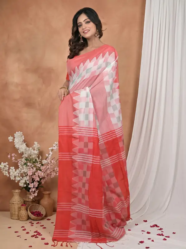 DipDiya Pure Cotton Red White Hiran Woven with Love Handloom Sarees