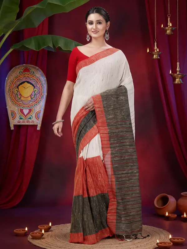 DipDiya Pure Cotton Red White Kusu Artisan Crafted Handloom Sarees