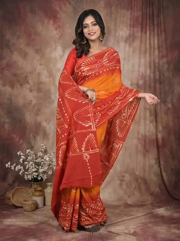 DipDiya Pure Cotton Red Yellow Pihu Heritage You Can Wear Batik Print Sarees
