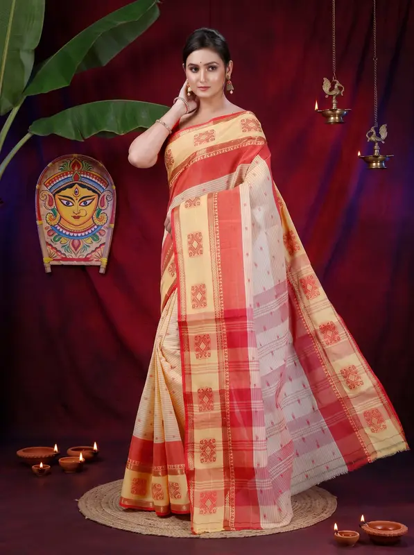 DipDiya Pure Cotton Red Yellow Uma Classic Grace Tant Sarees