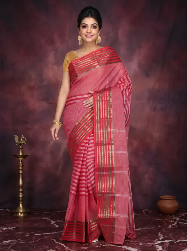 DipDiya Pure Cotton Red Zori Border Woven by Hand Tant Sarees