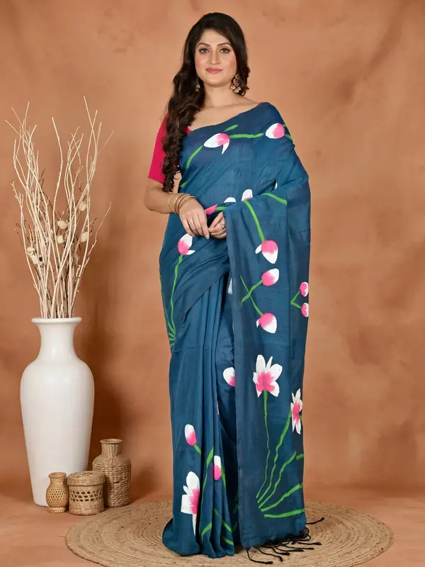 DipDiya Pure Cotton Royal Blue Kamal Stories of Bengal Hand Painted Sarees
