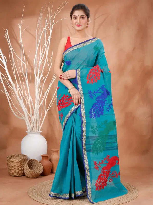 DipDiya Pure Cotton See Blue Embi Gaela Moyur Bengal’s Legacy Embroidery Tant Sarees