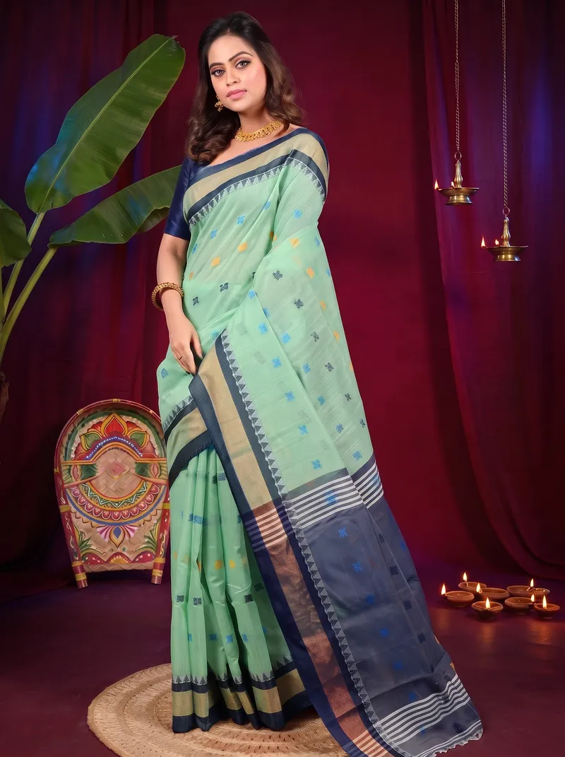 DipDiya Pure Cotton See Green Blue. Debasi Bengali Heritage Handloom Sarees