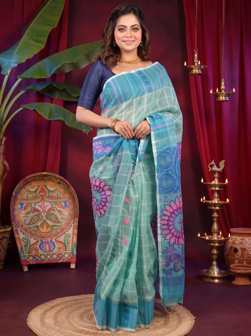 DipDiya Pure Cotton See Green Dhrubi Wrapped in Heritage Jamdani Sarees