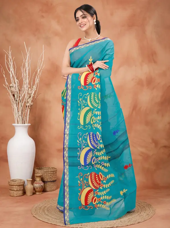 DipDiya Pure Cotton See Green Embi Gaela Ghot Artisan Crafted Embroidery Tant Sarees