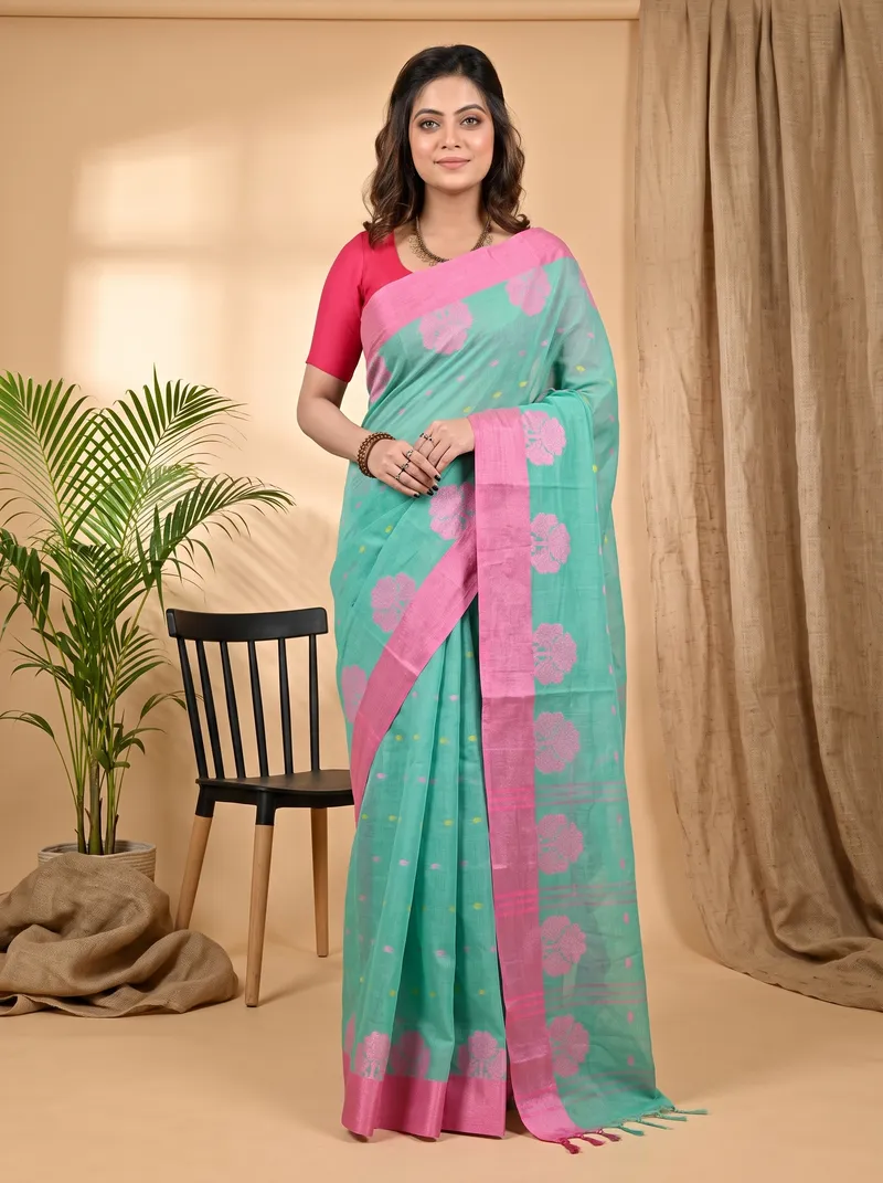 DipDiya Pure Cotton See Green Fipani Woven with Love Tant Sarees