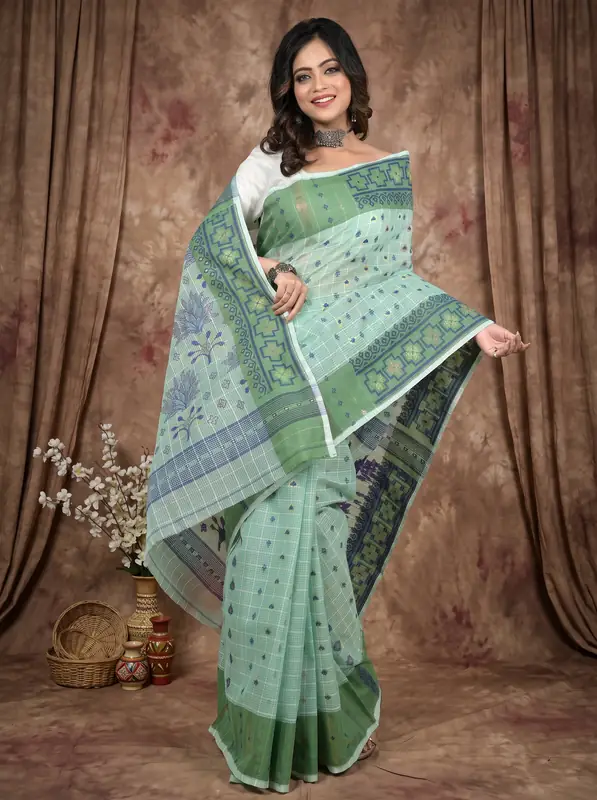 DipDiya Pure Cotton See Green Ginni Artisan Crafted Jamdani Sarees