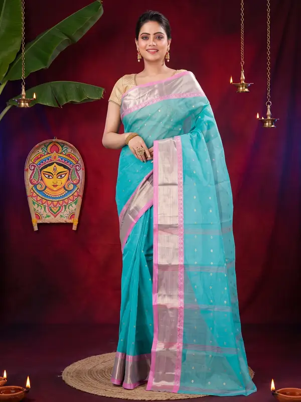 DipDiya Pure Cotton See Green JoriPar Artisan Crafted Tant Sarees