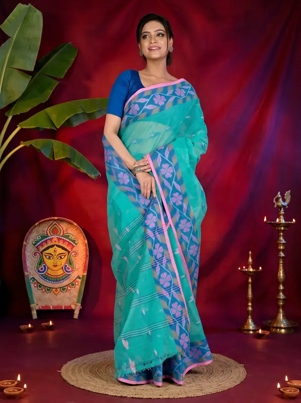 DipDiya Pure Cotton See Green Komtai Crafted in Bengal Tant Sarees