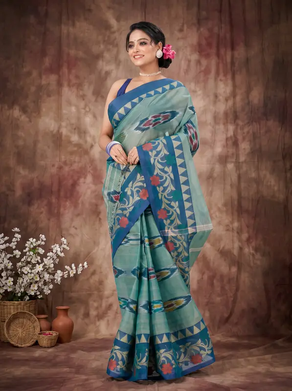 DipDiya Pure Cotton See Green Mili Rooted in Bengal Tant Sarees