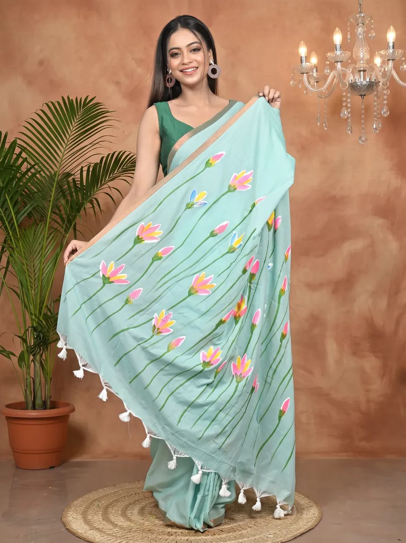 DipDiya Pure Cotton See Green Norah Crafted by Artisans Hand Painted Sarees