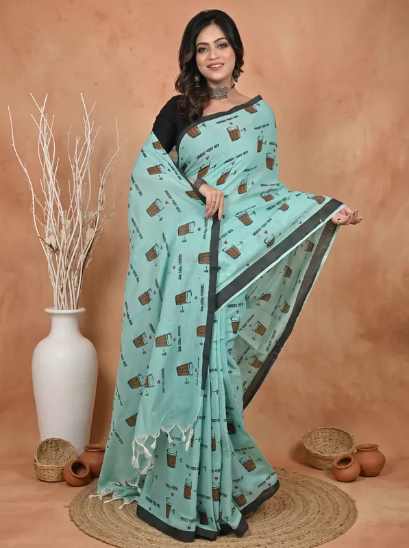 DipDiya Pure Cotton See Green Pinal Elegant by Tradition Printed Handloom Sarees