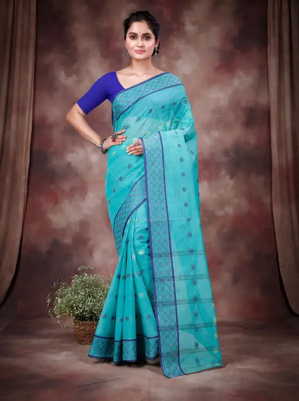 DipDiya Pure Cotton See Green Reese Woven with Love Tant Sarees