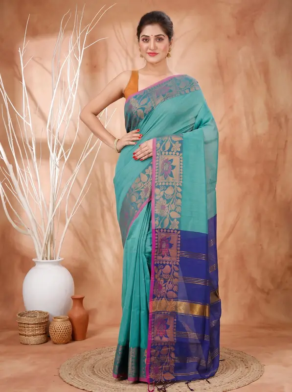 DipDiya Pure Cotton See Green Swarno Grace of Bengal Handloom Sarees