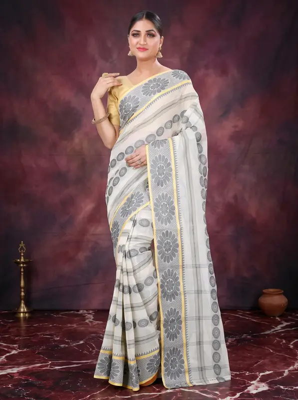 DipDiya Pure Cotton Silver Chakro Tant Bengal in Every Thread Tant Sarees