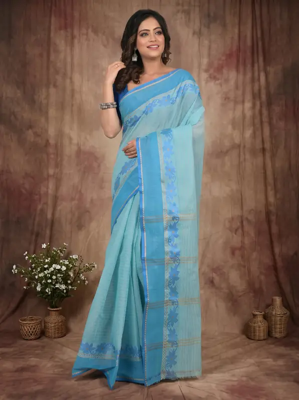 DipDiya Pure Cotton Sky Blue Achpan Heritage of Bengal Tant Sarees