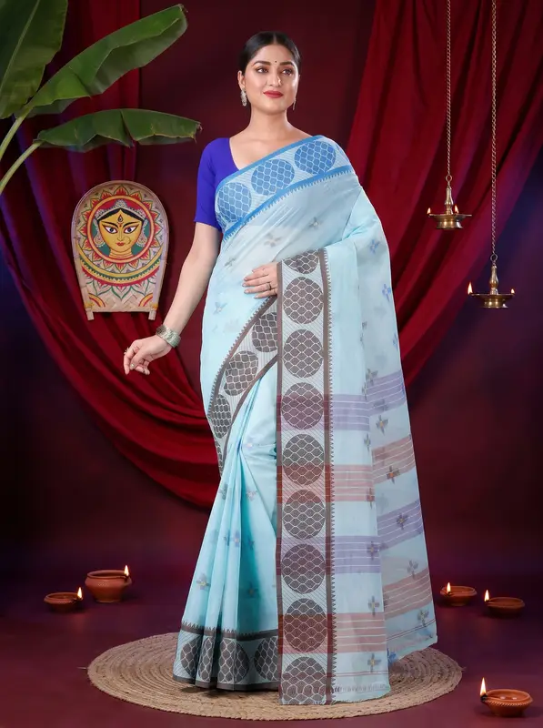 DipDiya Pure Cotton Sky Blue Ananda Pure Bengali Grace Tant Sarees