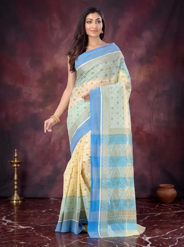 DipDiya Pure Cotton Sky Blue ANARKOLI PRINT Traditional Bengali Printed Tant Sarees