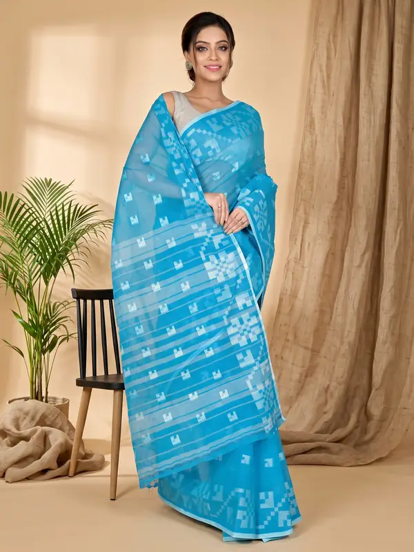 DipDiya Pure Cotton Sky Blue Aptuk Crafted in Bengal Tant Sarees