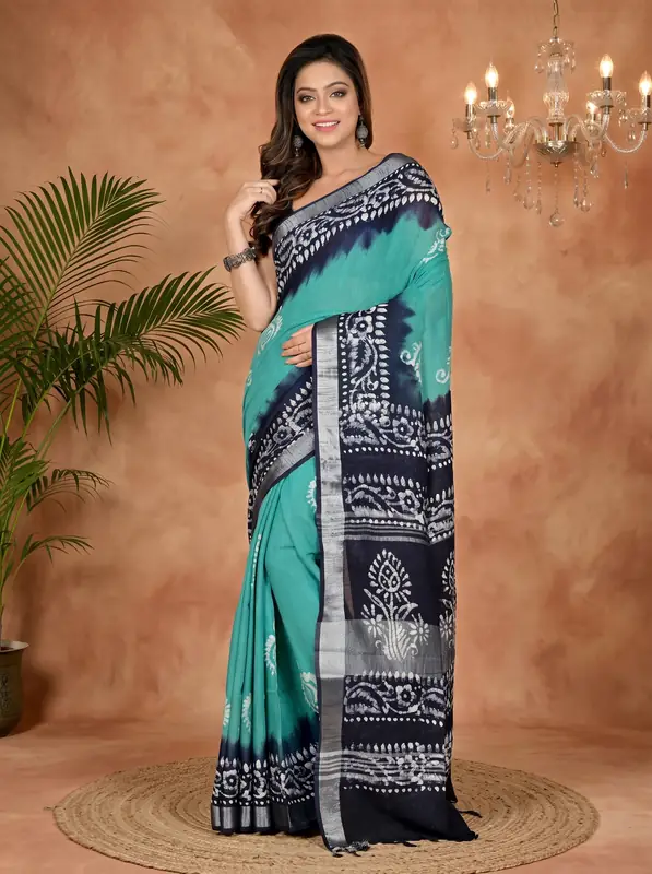 DipDiya Pure Cotton Sky Blue Batika Classic Bengali Batik Print Sarees