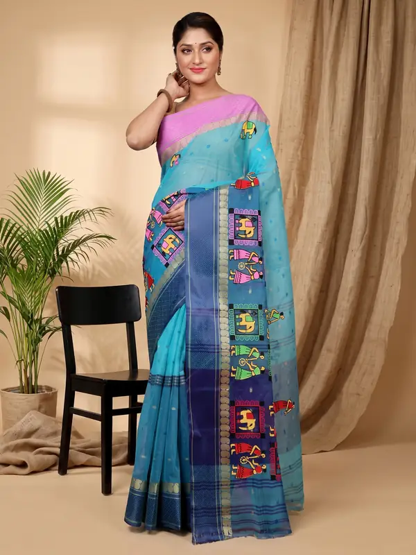 DipDiya Pure Cotton Sky Blue Embi Ganga Gajo Artisan Woven Embroidery Tant Sarees