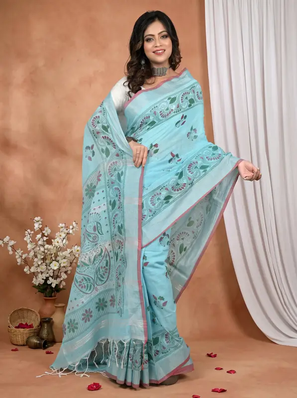 DipDiya Pure Cotton Sky Blue Hiral Traditional Bengali Printed Handloom Sarees