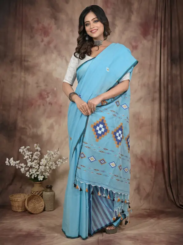 DipDiya Pure Cotton Sky Blue Hitaashi Classic Bengali Handloom Sarees
