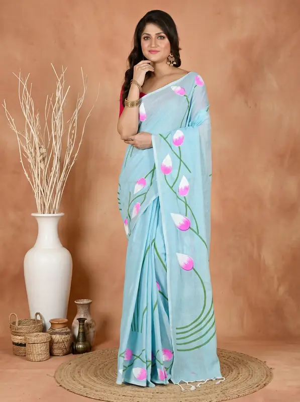 DipDiya Pure Cotton Sky Blue Kamal Handloom Heritage Hand Painted Sarees