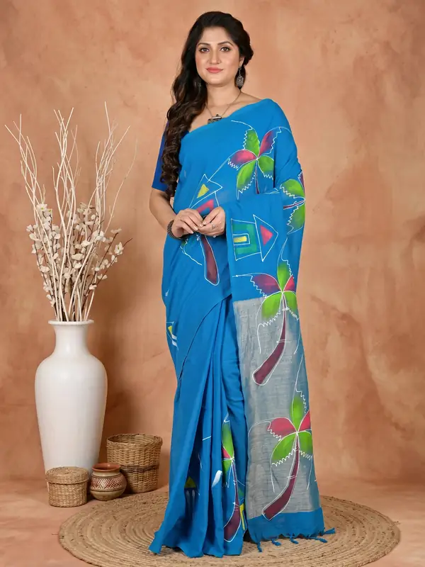 DipDiya Pure Cotton Sky Blue Keshaka Woven with Love Hand Painted Sarees