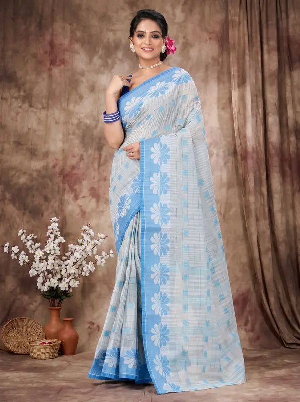 DipDiya Pure Cotton Sky Blue KotkiTat Elegance in Every Weave Tant Sarees