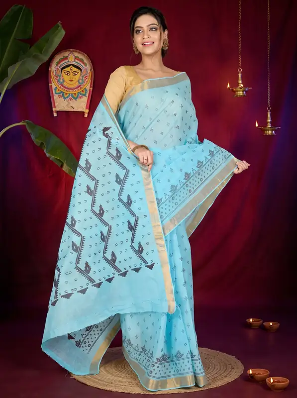 DipDiya Pure Cotton Sky Blue Luvna Elegance in Every Weave Printed Tant Sarees