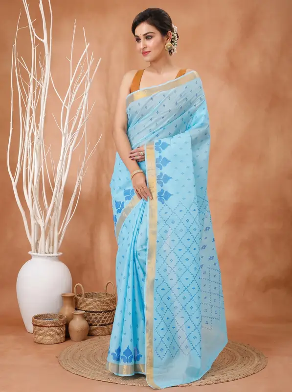 DipDiya Pure Cotton Sky Blue Luvya Woven with Tradition Printed Tant Sarees