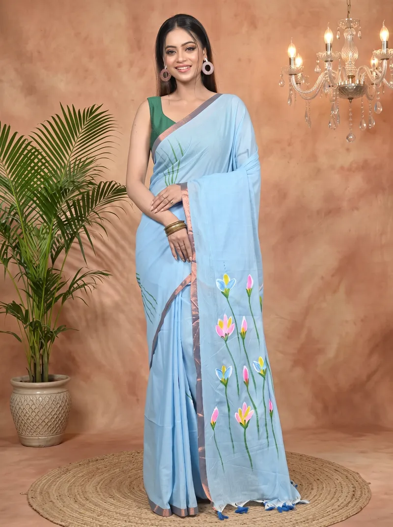 DipDiya Pure Cotton Sky Blue Norah Effortless Tradition Hand Painted Sarees