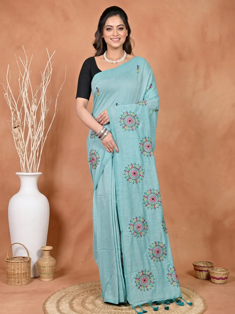 DipDiya Pure Cotton Sky Blue Parama Timeless Bengal Embroidery Handloom sarees